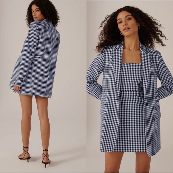 NWT FAVORITE DAUGHTER Gingham Navy Collared Relaxed Single Breasted Blazer XS - Picture 4 of 8